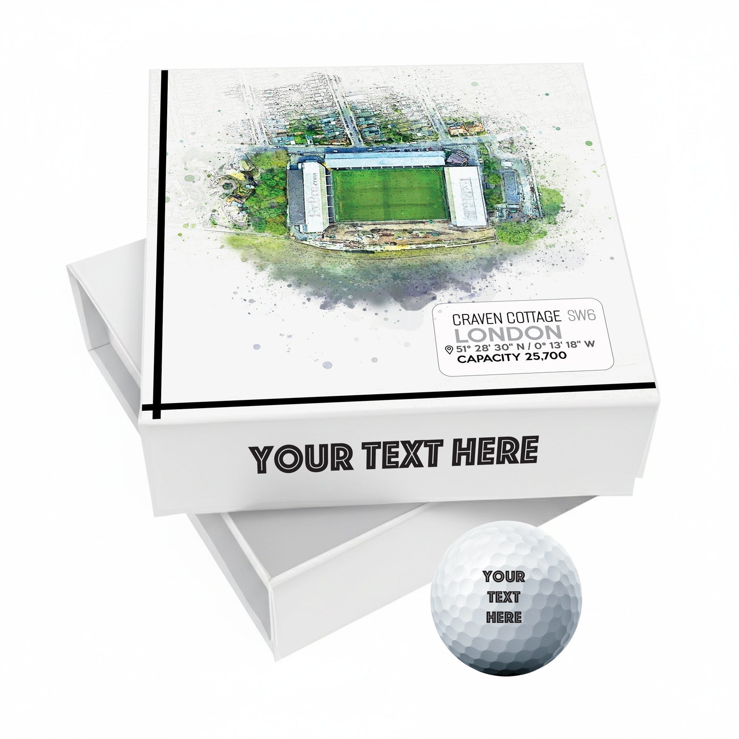 Personalised Branded 9 Golf Ball Set in Football Stadium Customised Box - Soccer Themed Golfer's Gift, Father's Day, Retirement, Birthday