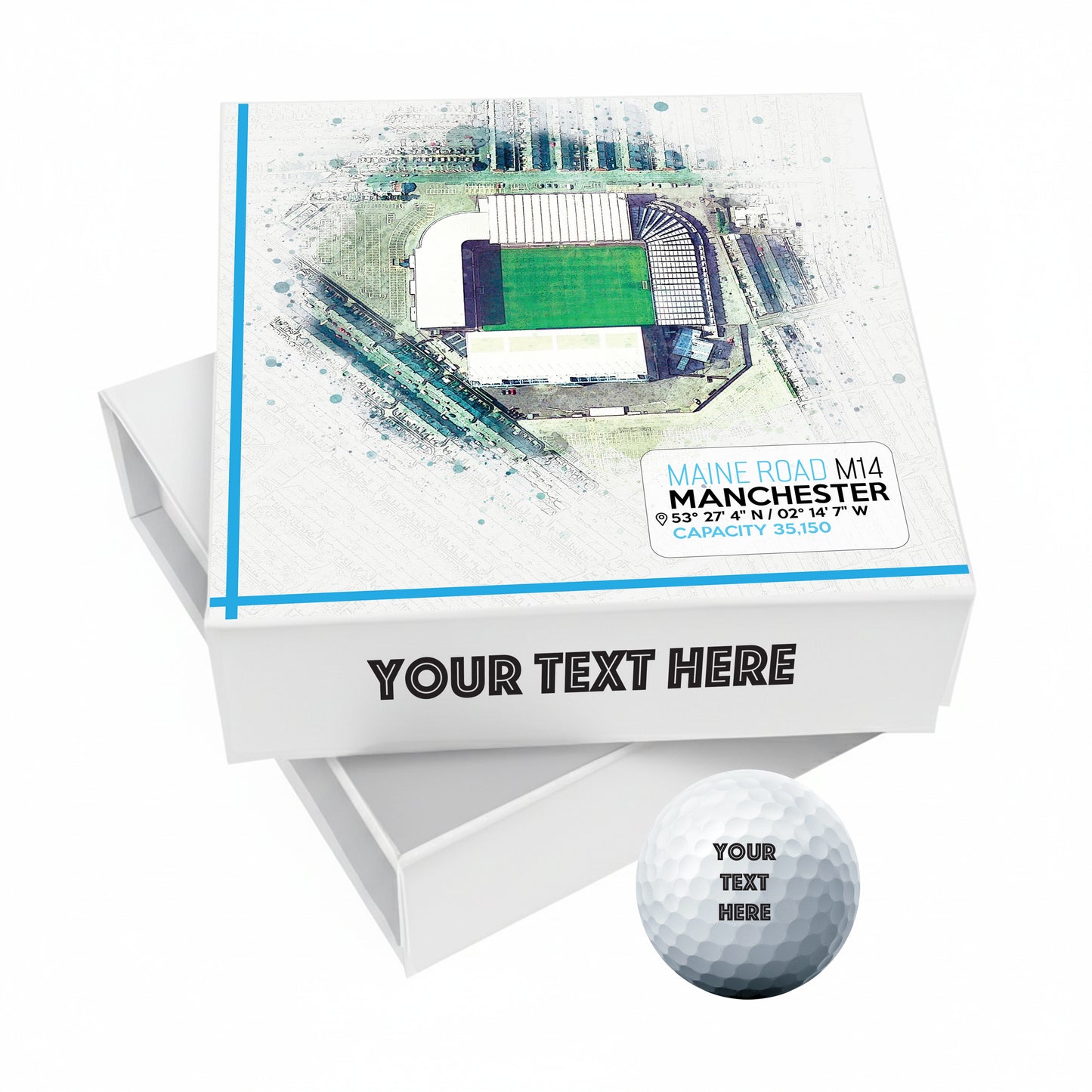 Personalised Branded 9 Golf Ball Set in Football Stadium Customised Box - Soccer Themed Golfer's Gift, Father's Day, Retirement, Birthday