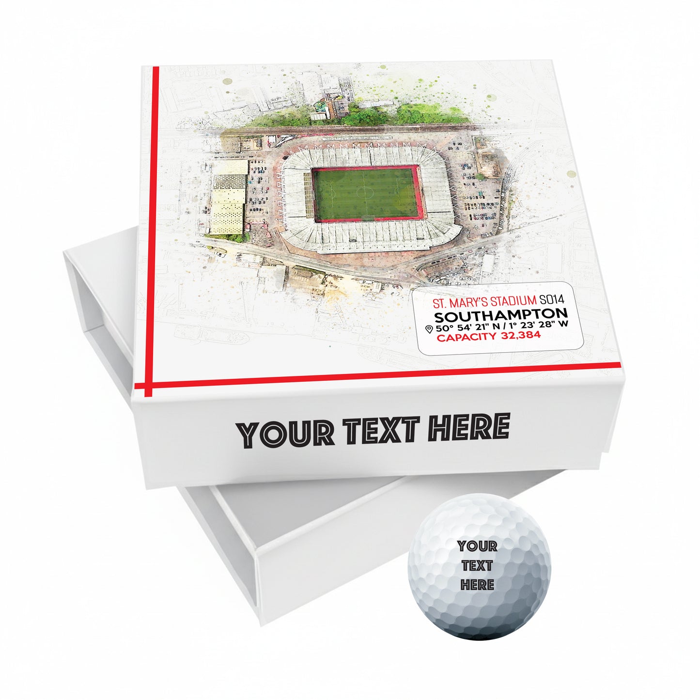 Personalised Branded 9 Golf Ball Set in Football Stadium Customised Box - Soccer Themed Golfer's Gift, Father's Day, Retirement, Birthday