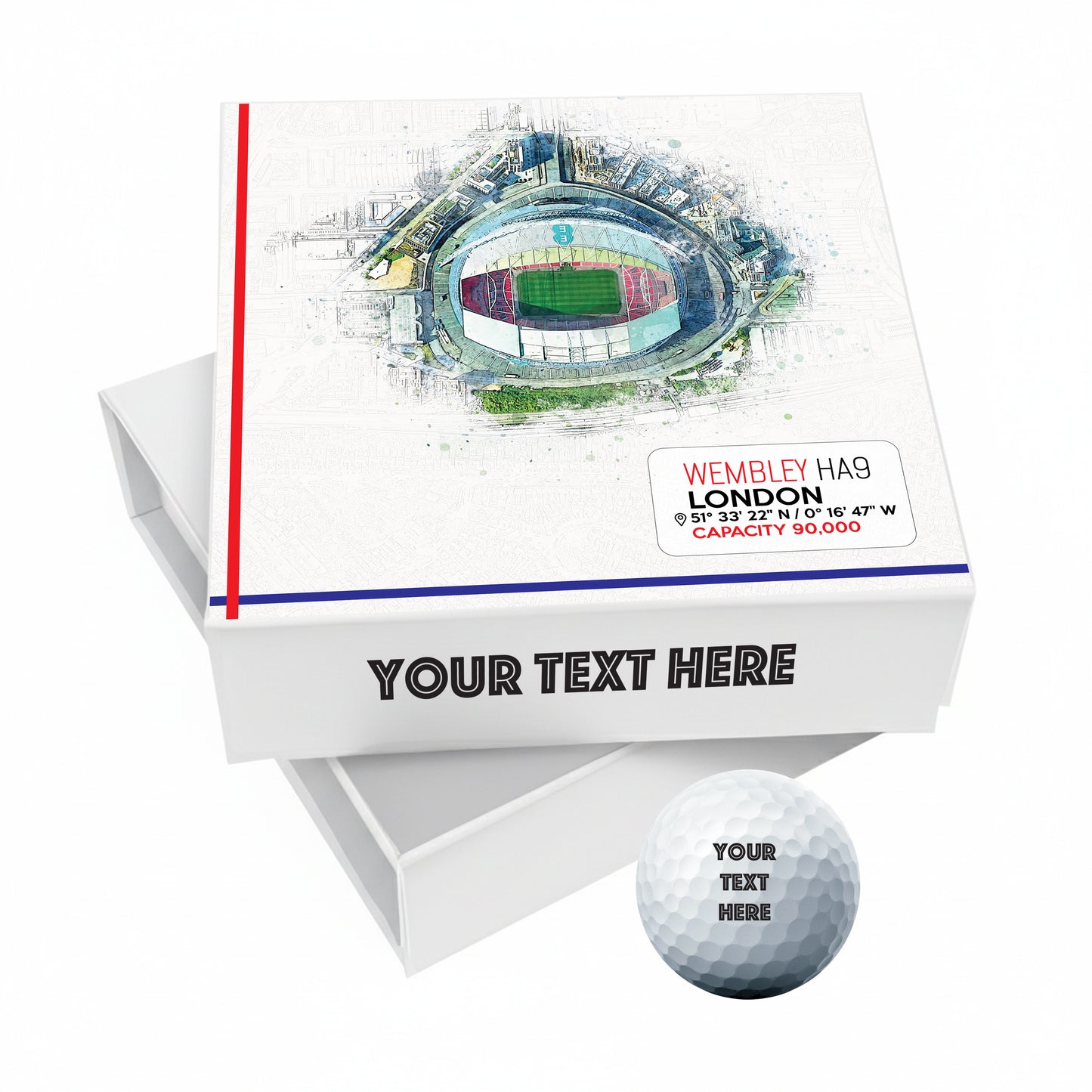 Personalised Branded 9 Golf Ball Set in Football Stadium Customised Box - Soccer Themed Golfer's Gift, Father's Day, Retirement, Birthday