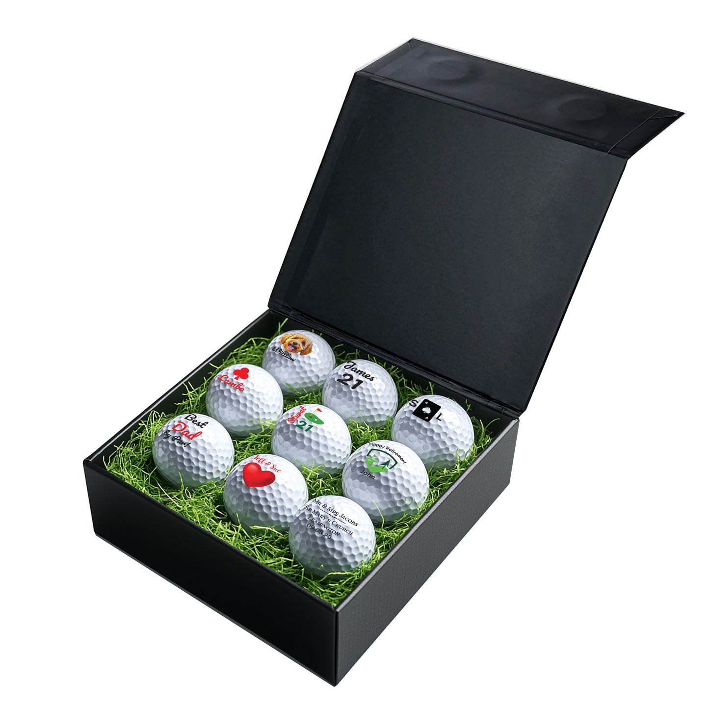 Personalised Branded 9 Golf Ball Set in Customised Box - Golfer's Gift, Father's Day, Wedding Favour, Birthday, Valentines, Pet Photo Text Logo