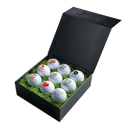 Personalised Branded 9 Golf Ball Set in Customised Box - Golfer's Gift, Father's Day, Wedding Favour, Birthday, Valentines, Pet Photo Text Logo