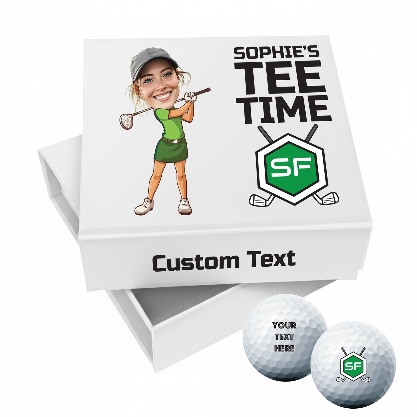 Personalised 9 Golf Ball Set in Customised Box - Your Own Caricature with Branded Balls: Novelty Golfer's Gift, Father's Day, Birthday