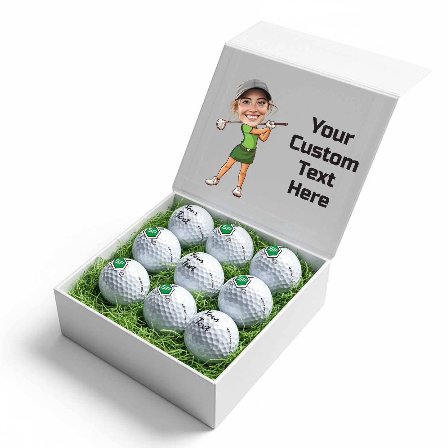 Personalised 9 Golf Ball Set in Customised Box - Your Own Caricature with Branded Balls: Novelty Golfer's Gift, Father's Day, Birthday