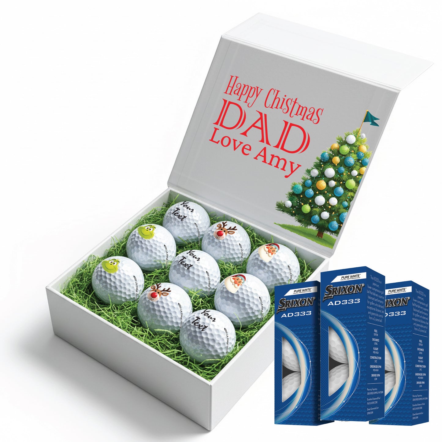 Christmas Personalised Branded 9 Golf Ball Set in Customised Box - Themed Golfer's Gift, Father's Day, Retirement, Birthday