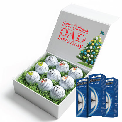 Christmas Personalised Branded 9 Golf Ball Set in Customised Box - Themed Golfer's Gift, Father's Day, Retirement, Birthday