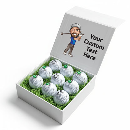 Personalised 9 Golf Ball Set in Customised Box - Your Own Caricature with Branded Balls: Novelty Golfer's Gift, Father's Day, Birthday