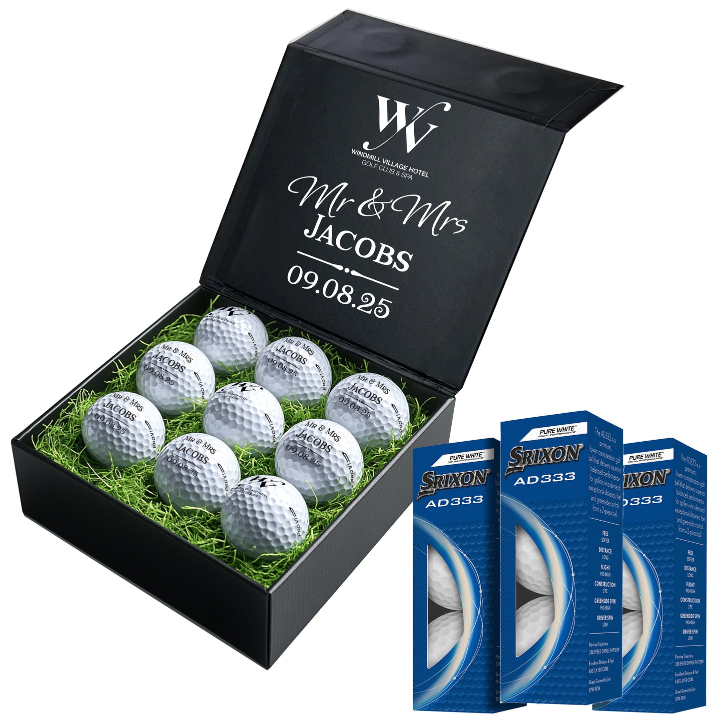 Windmill Village Personalised 9 Golf Ball Set in Branded Customised Box