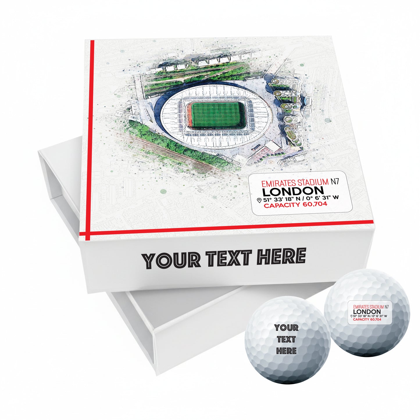 Personalised Branded 9 Golf Ball Set in Football Stadium Customised Box - Soccer Themed Golfer's Gift, Father's Day, Retirement, Birthday