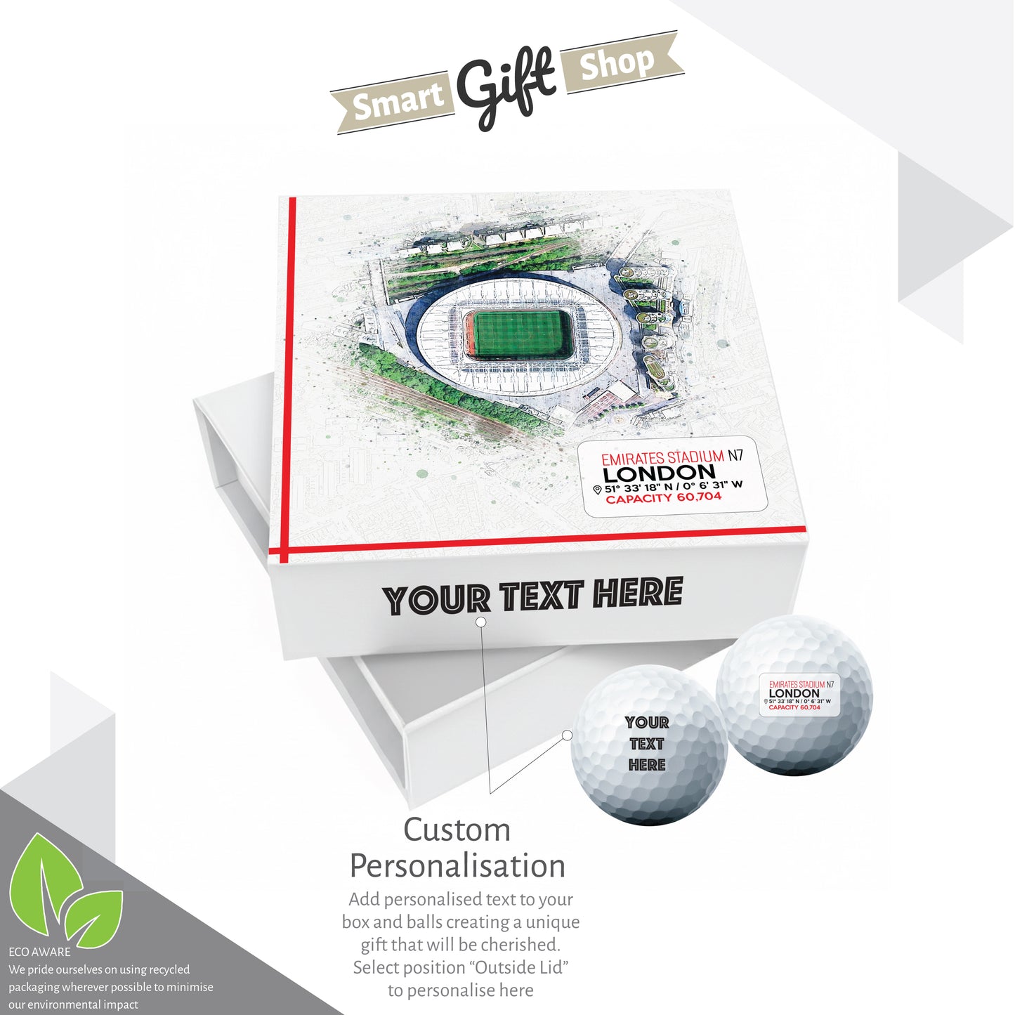 Personalised Branded 9 Golf Ball Set in Football Stadium Customised Box - Soccer Themed Golfer's Gift, Father's Day, Retirement, Birthday