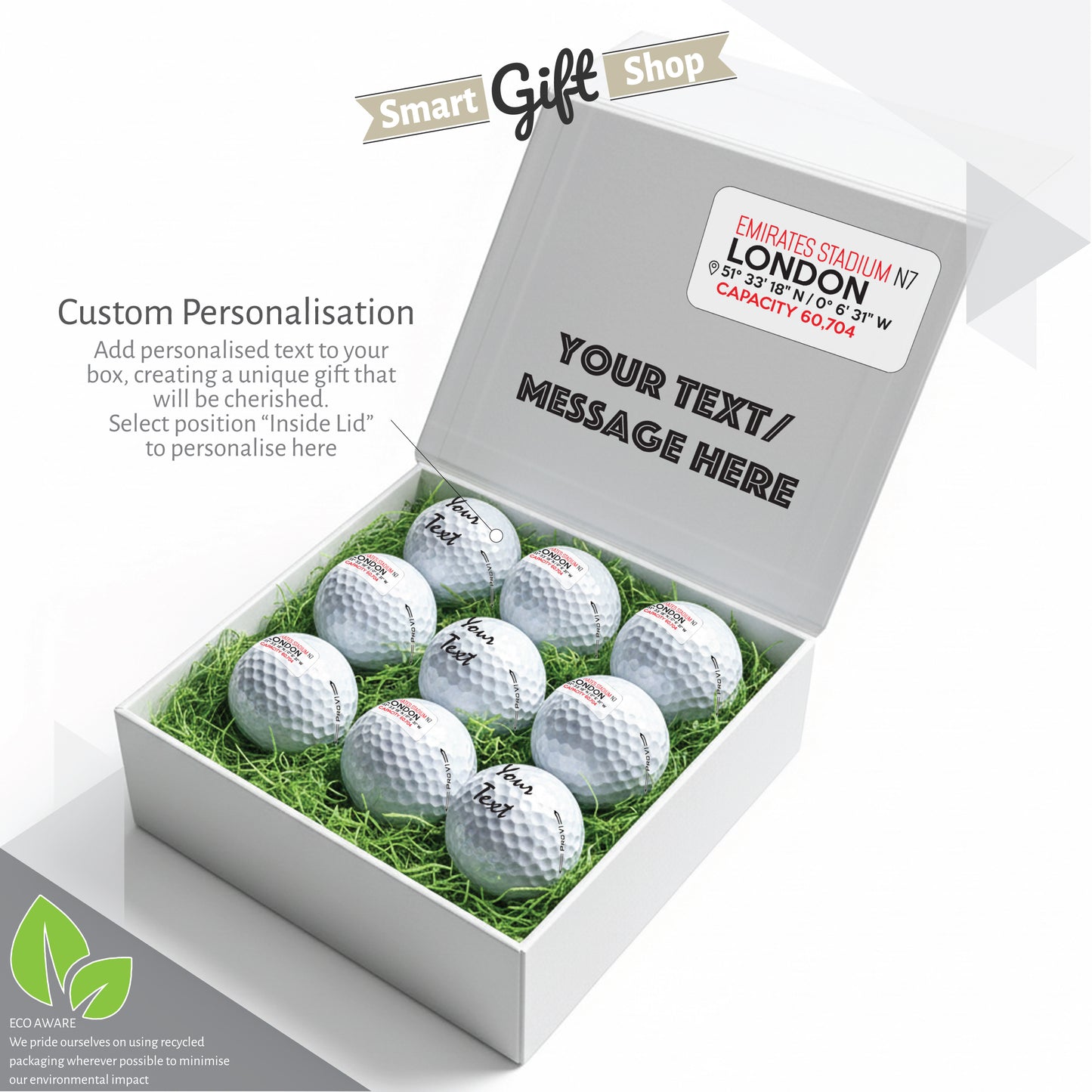 Personalised Branded 9 Golf Ball Set in Football Stadium Customised Box - Soccer Themed Golfer's Gift, Father's Day, Retirement, Birthday