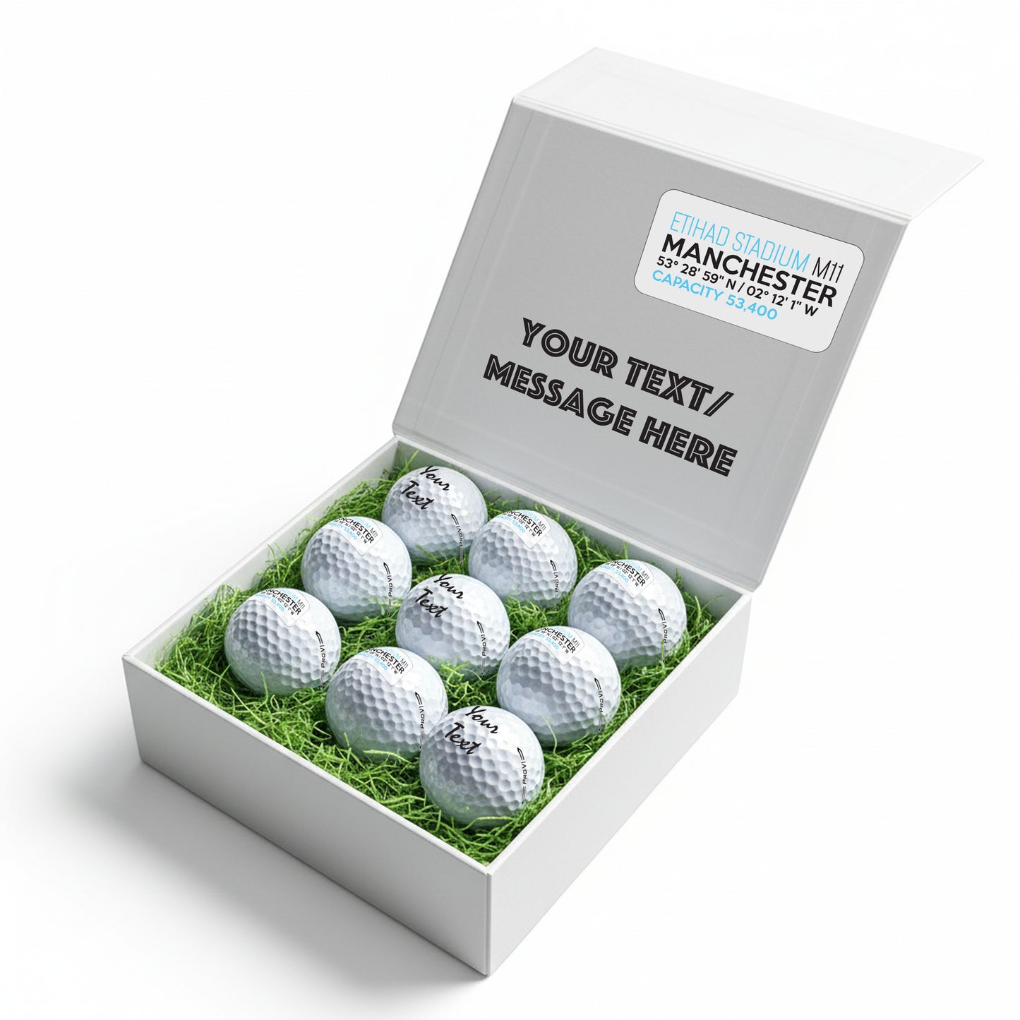 Personalised Branded 9 Golf Ball Set in Football Stadium Customised Box - Soccer Themed Golfer's Gift, Father's Day, Retirement, Birthday
