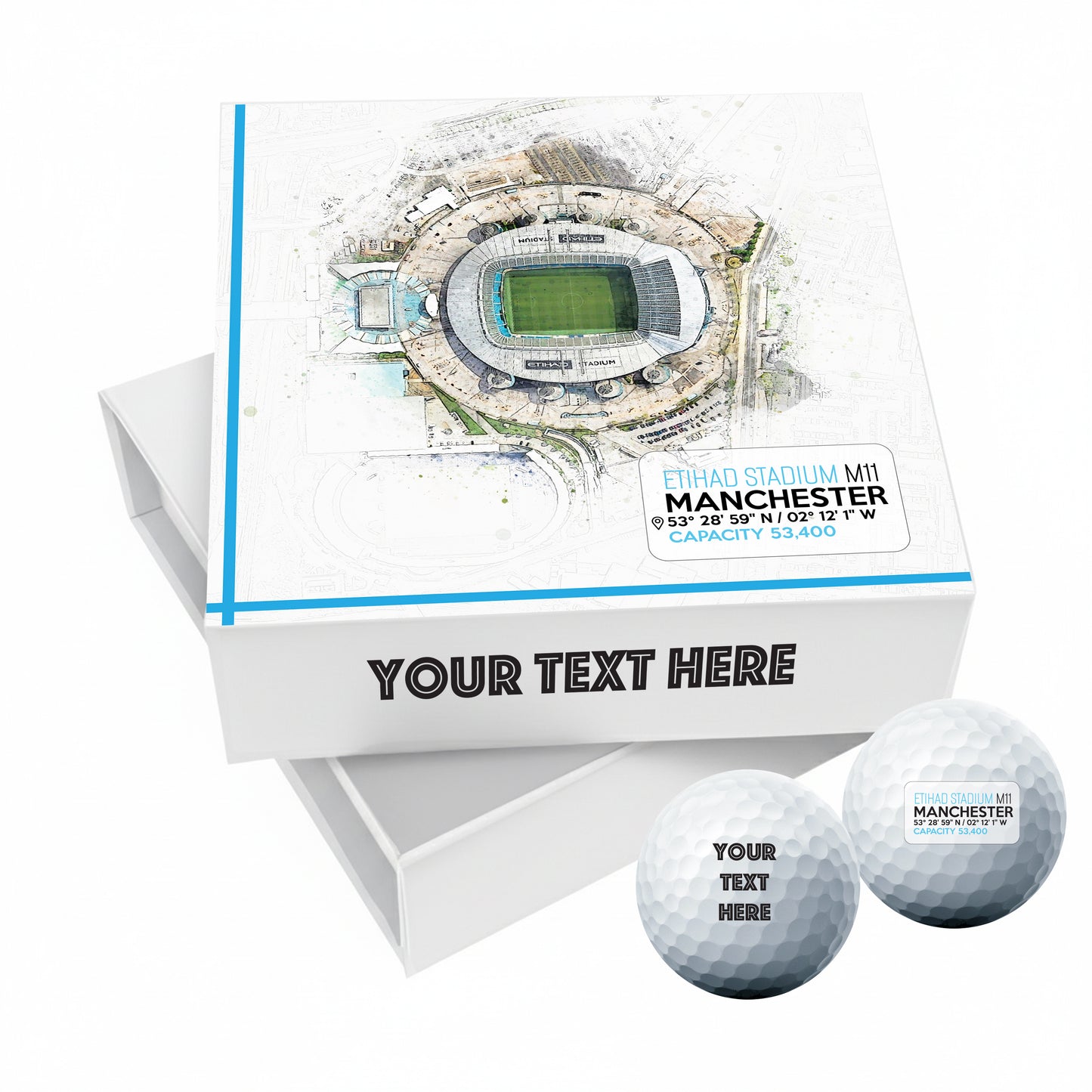 Personalised Branded 9 Golf Ball Set in Football Stadium Customised Box - Soccer Themed Golfer's Gift, Father's Day, Retirement, Birthday