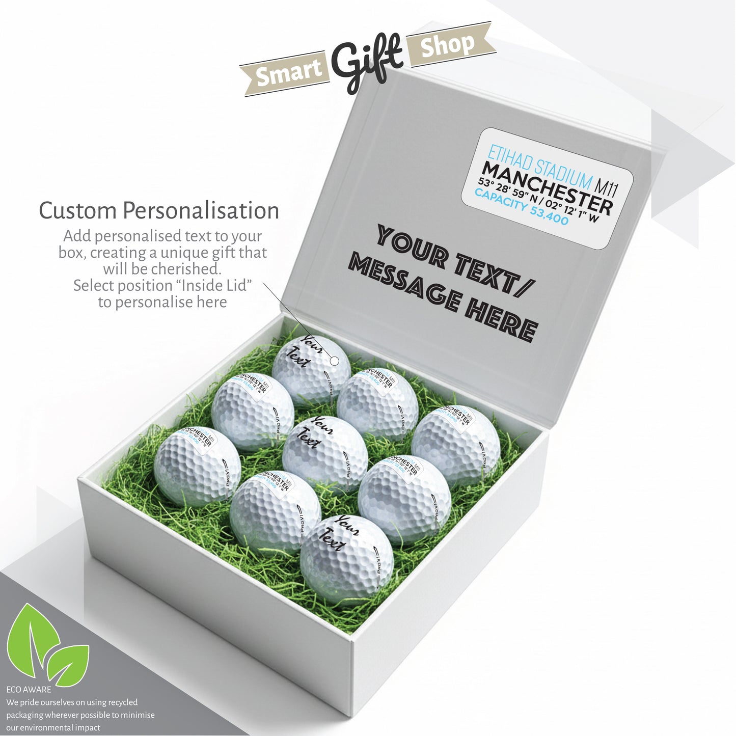 Personalised Branded 9 Golf Ball Set in Football Stadium Customised Box - Soccer Themed Golfer's Gift, Father's Day, Retirement, Birthday