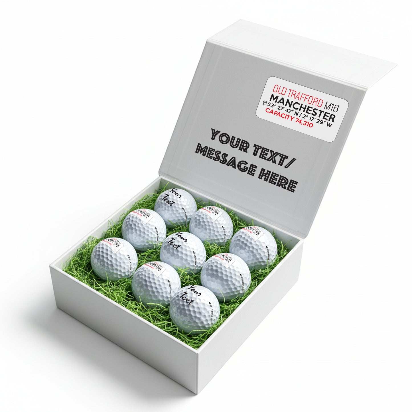 Personalised Branded 9 Golf Ball Set in Football Stadium Customised Box - Soccer Themed Golfer's Gift, Father's Day, Retirement, Birthday
