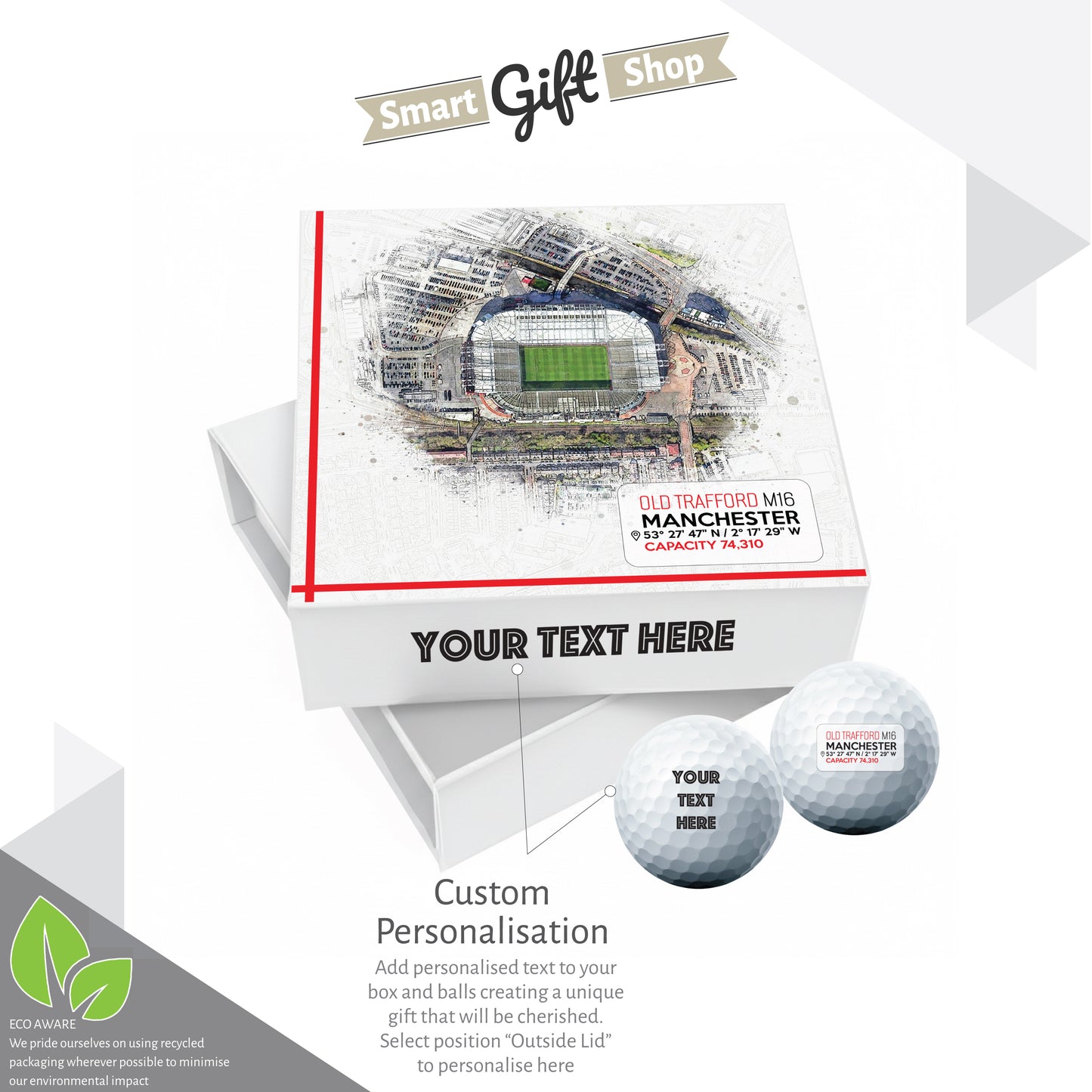 Personalised Branded 9 Golf Ball Set in Football Stadium Customised Box - Soccer Themed Golfer's Gift, Father's Day, Retirement, Birthday