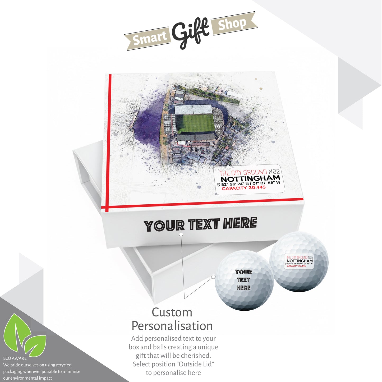 Personalised Branded 9 Golf Ball Set in Football Stadium Customised Box - Soccer Themed Golfer's Gift, Father's Day, Retirement, Birthday