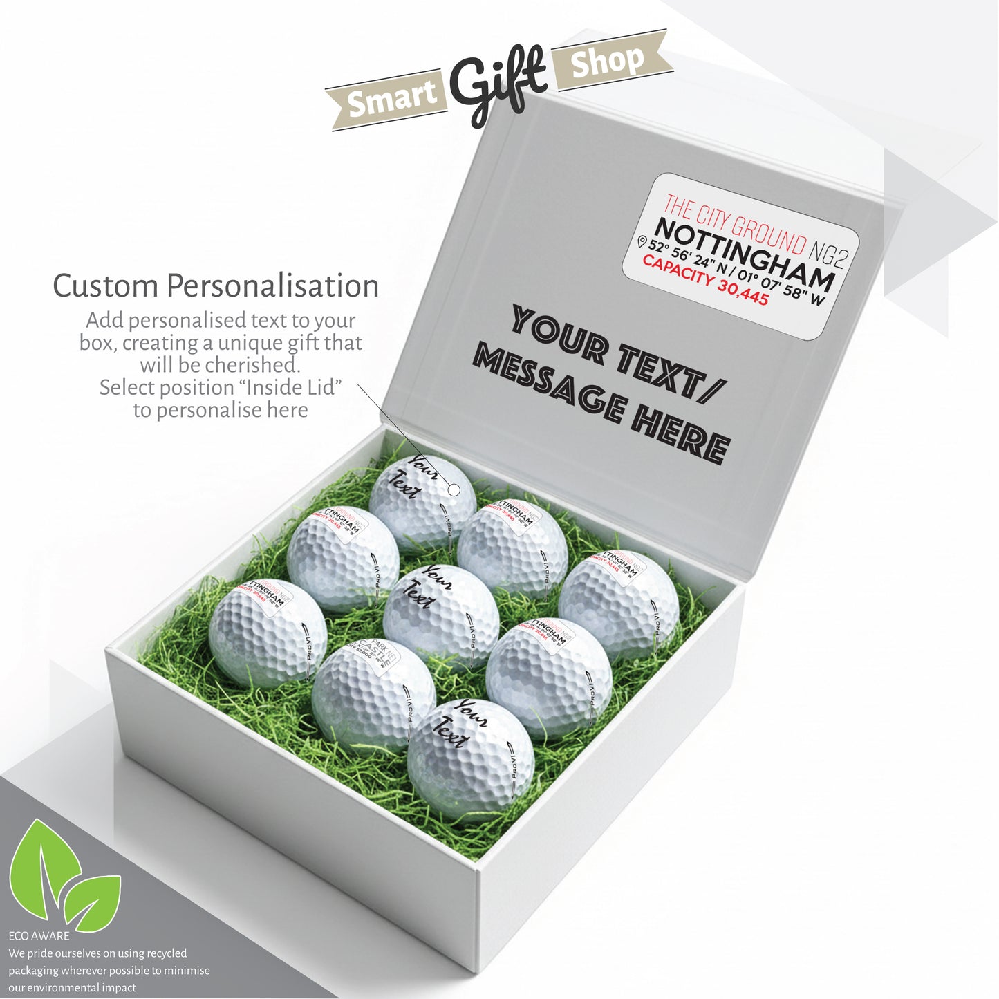 Personalised Branded 9 Golf Ball Set in Football Stadium Customised Box - Soccer Themed Golfer's Gift, Father's Day, Retirement, Birthday