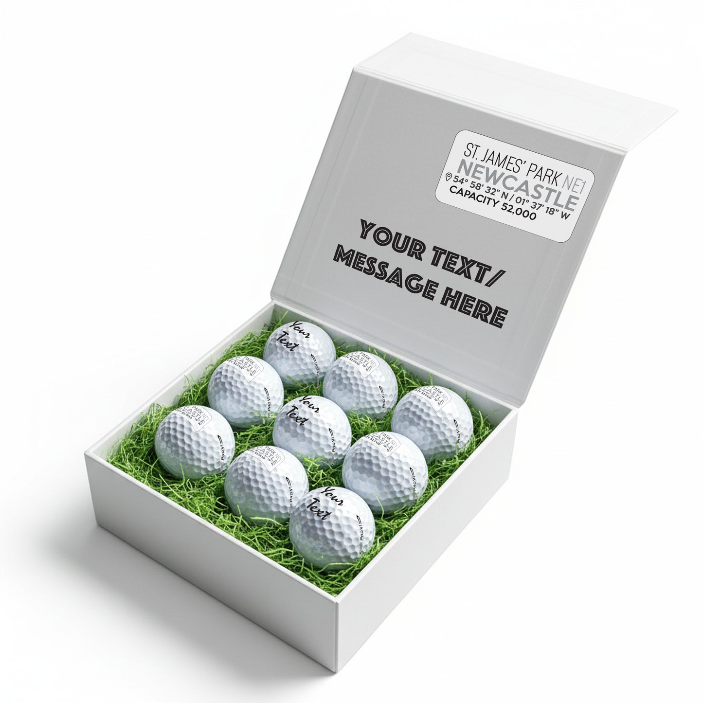 Personalised Branded 9 Golf Ball Set in Football Stadium Customised Box - Soccer Themed Golfer's Gift, Father's Day, Retirement, Birthday