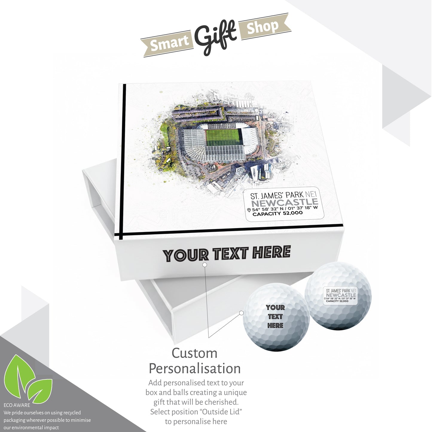 Personalised Branded 9 Golf Ball Set in Football Stadium Customised Box - Soccer Themed Golfer's Gift, Father's Day, Retirement, Birthday