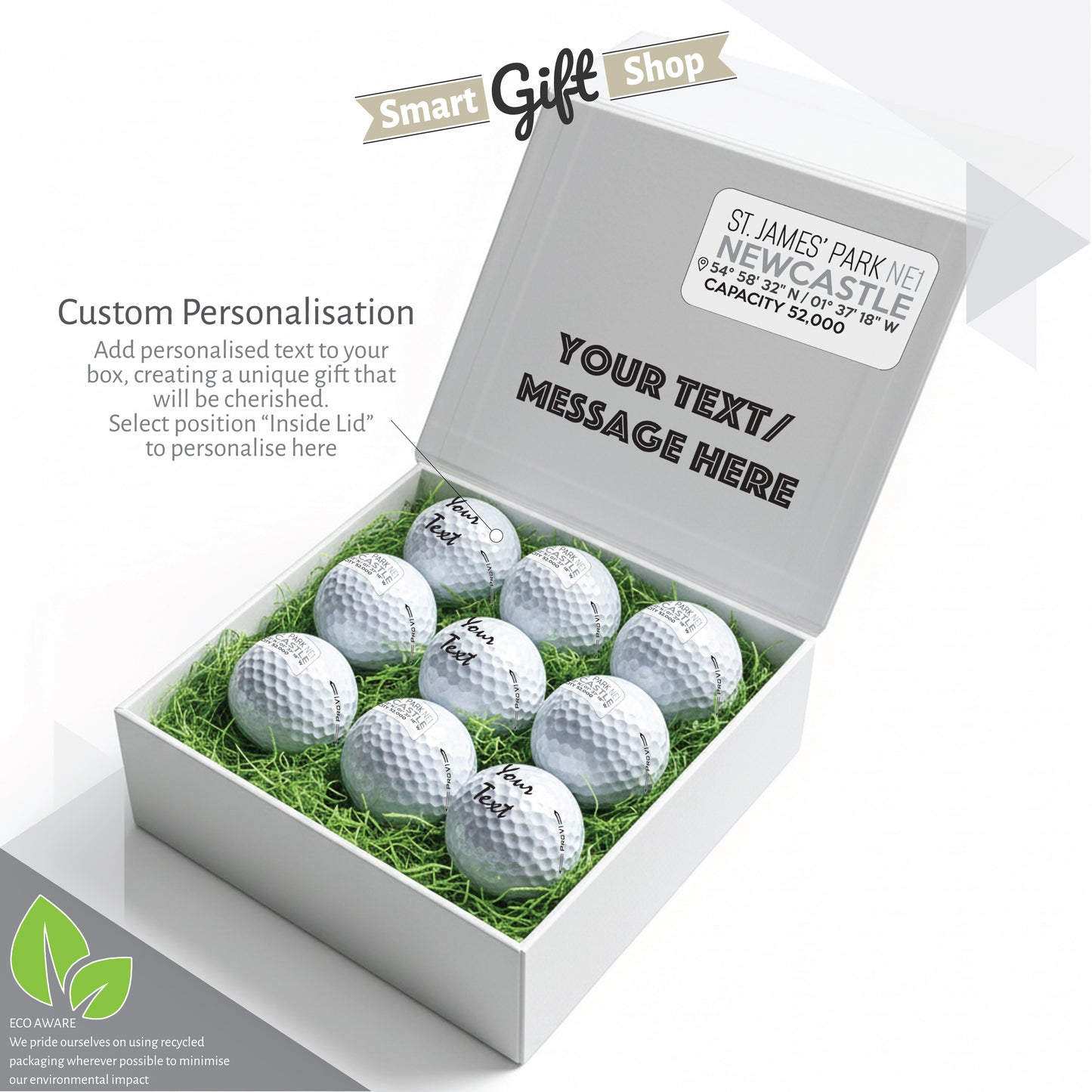 Personalised Branded 9 Golf Ball Set in Football Stadium Customised Box - Soccer Themed Golfer's Gift, Father's Day, Retirement, Birthday