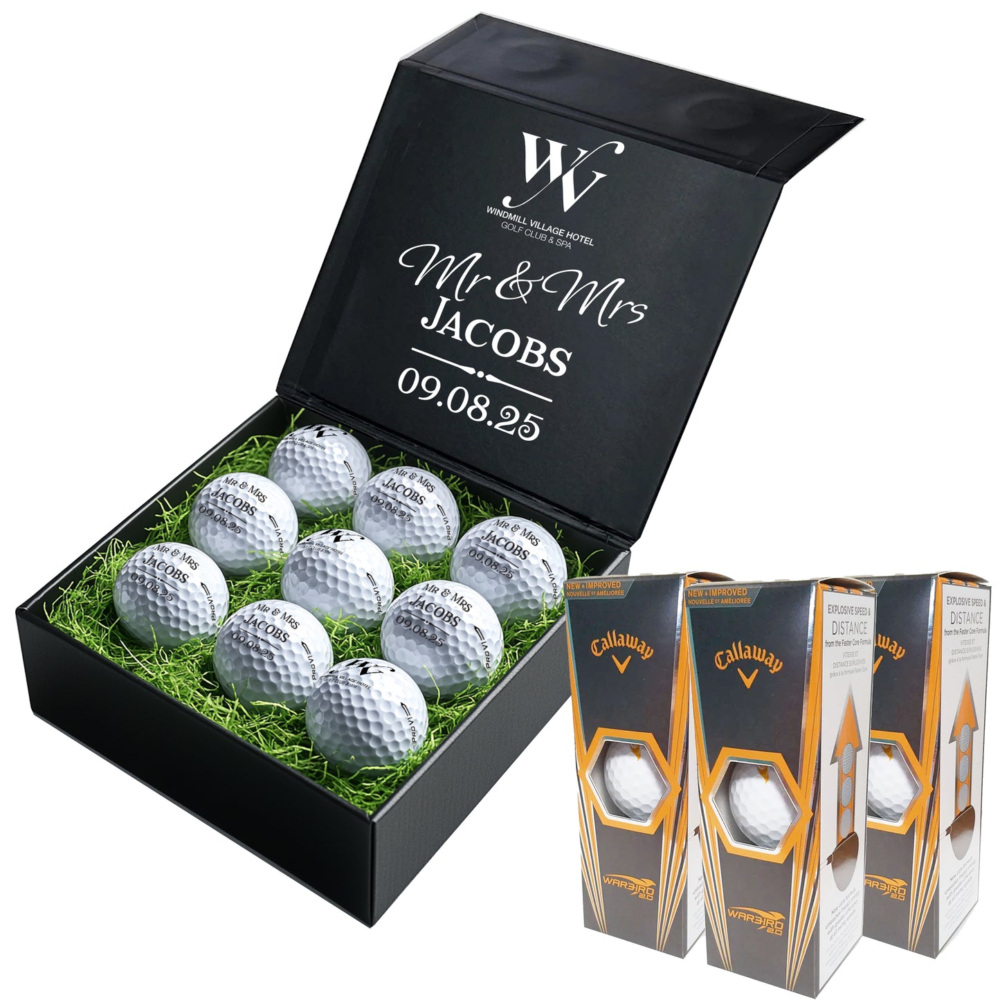 Windmill Village Personalised 9 Golf Ball Set in Branded Customised Box