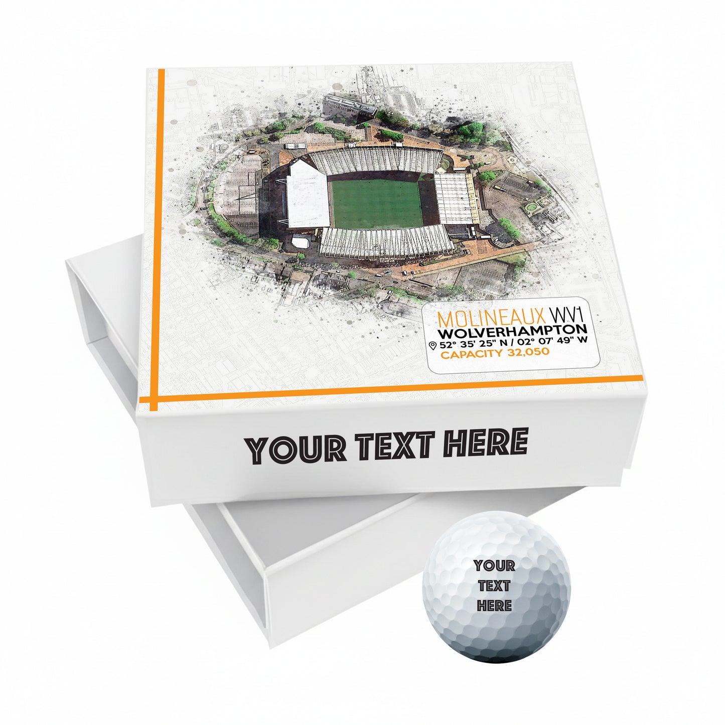 Personalised Branded 9 Golf Ball Set in Football Stadium Customised Box - Soccer Themed Golfer's Gift, Father's Day, Retirement, Birthday