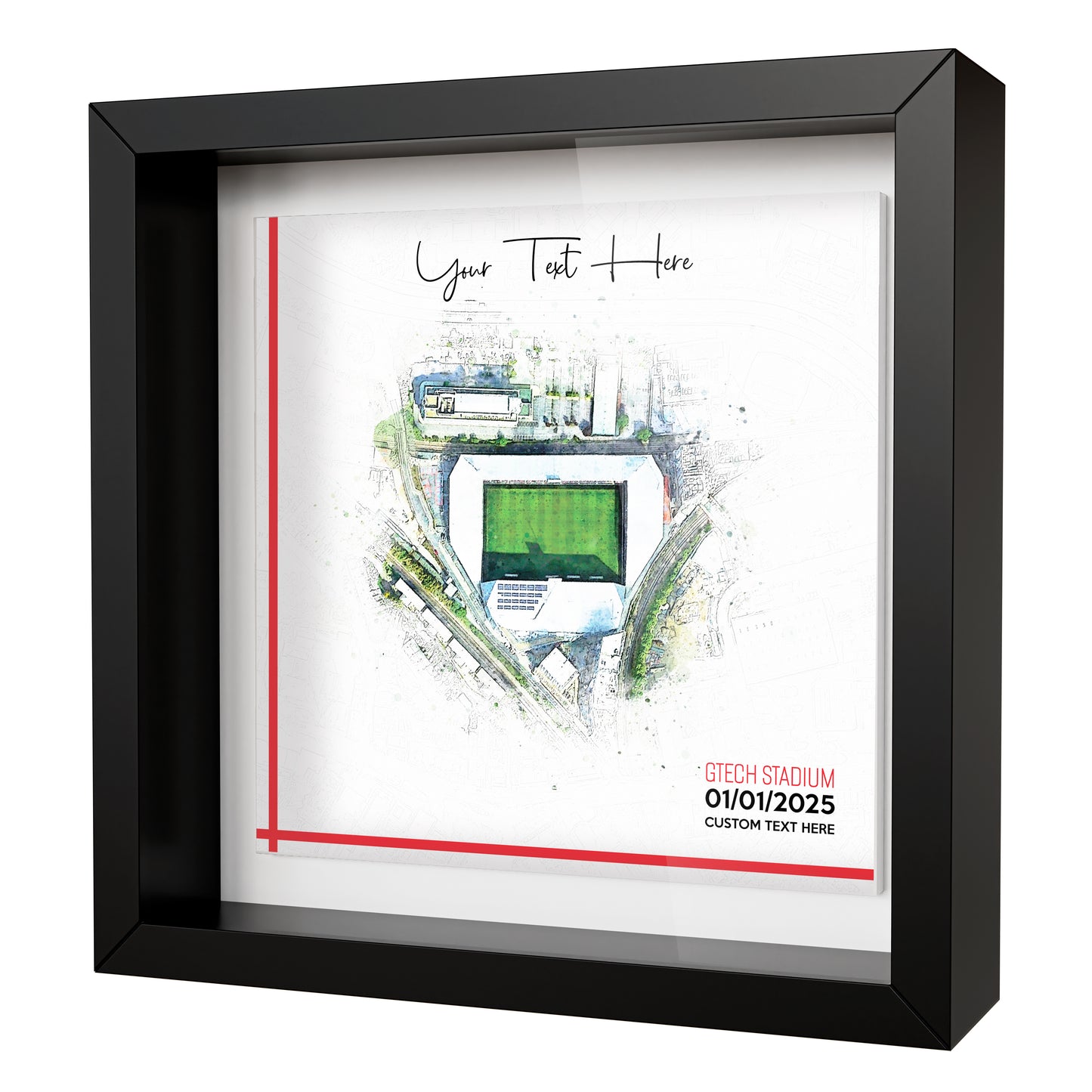 Framed Ceramic Tile Art: Personalised Football Stadium Art Print, Custom Aerial Map - ANY STADIUM Worldwide, Bespoke Text, Football Gift Keepsake