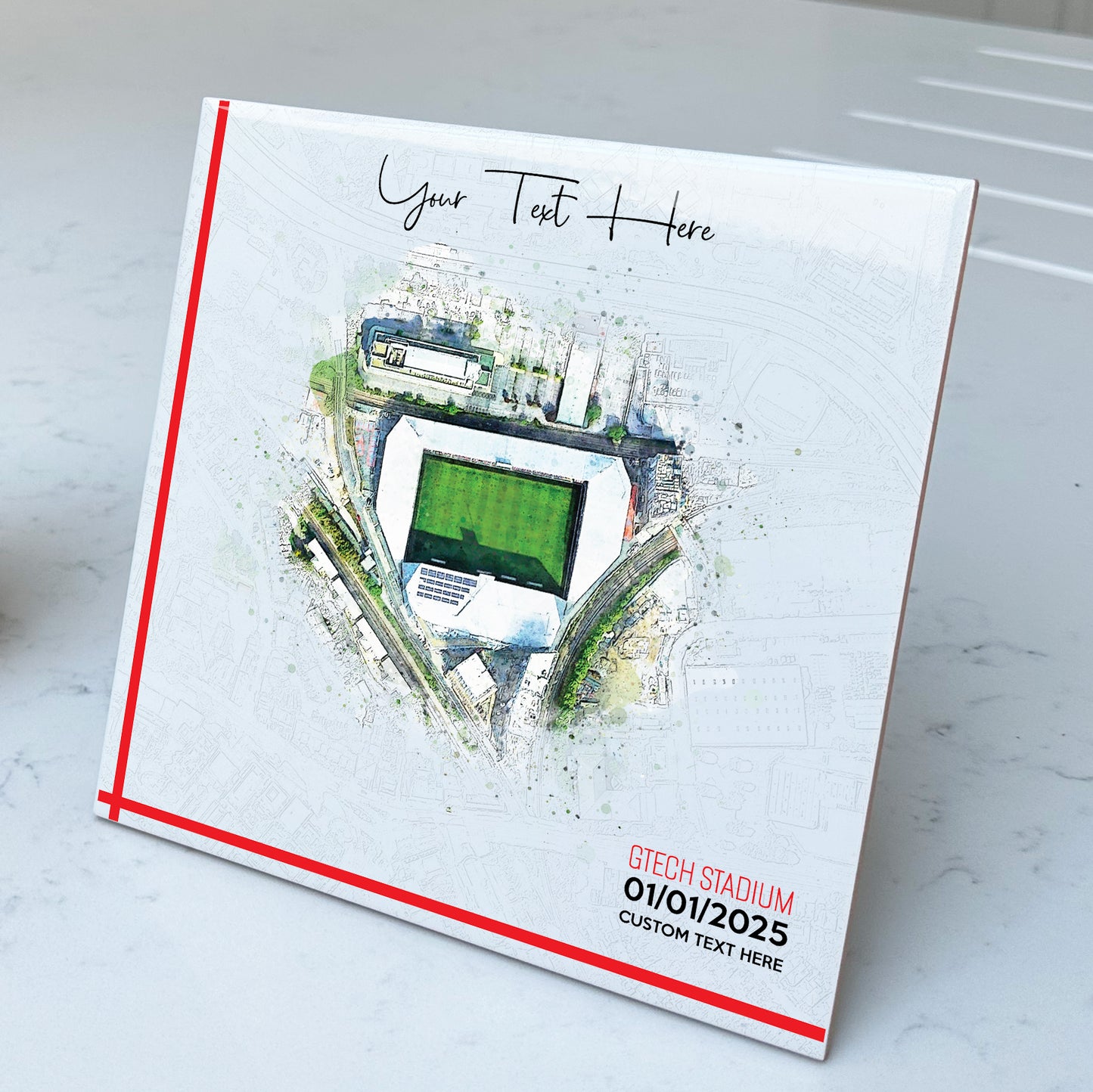 Personalised Football Stadium Aerial Watercolour Style Artwork on Mounted Ceramic Tile