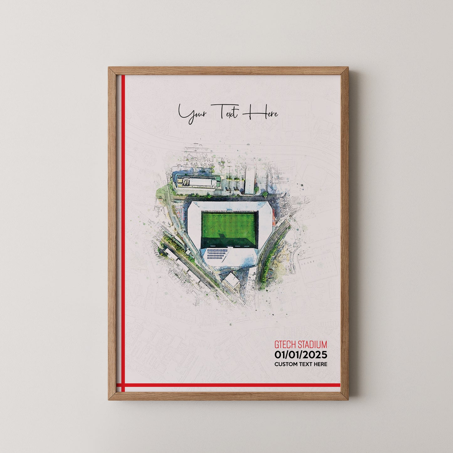 Brentford, 'Gtech Stadium' Football Stadium Poster Artwork, Personalised Watercolour Art Print, Custom Aerial Layout - Framing options available ANY STADIUM Worldwide.