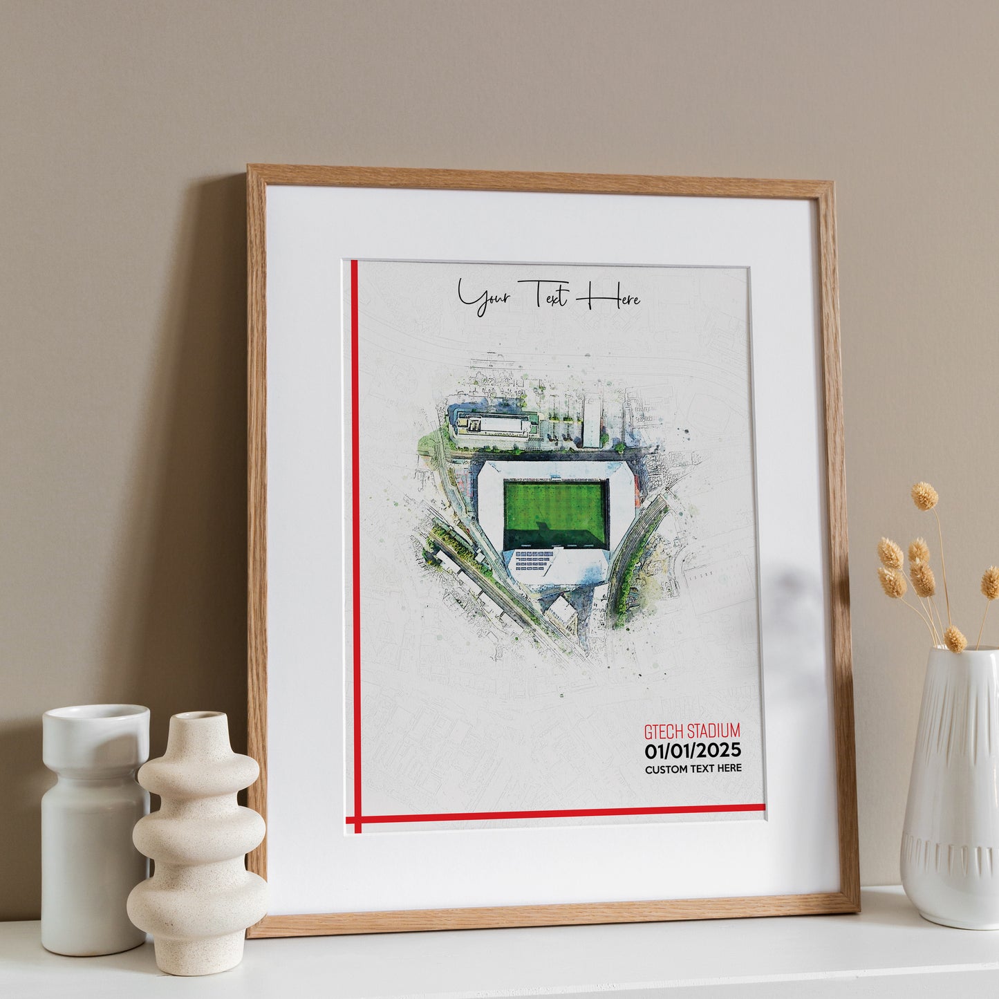 Brentford, 'Gtech Stadium' Football Stadium Poster Artwork, Personalised Watercolour Art Print, Custom Aerial Layout - Framing options available ANY STADIUM Worldwide.
