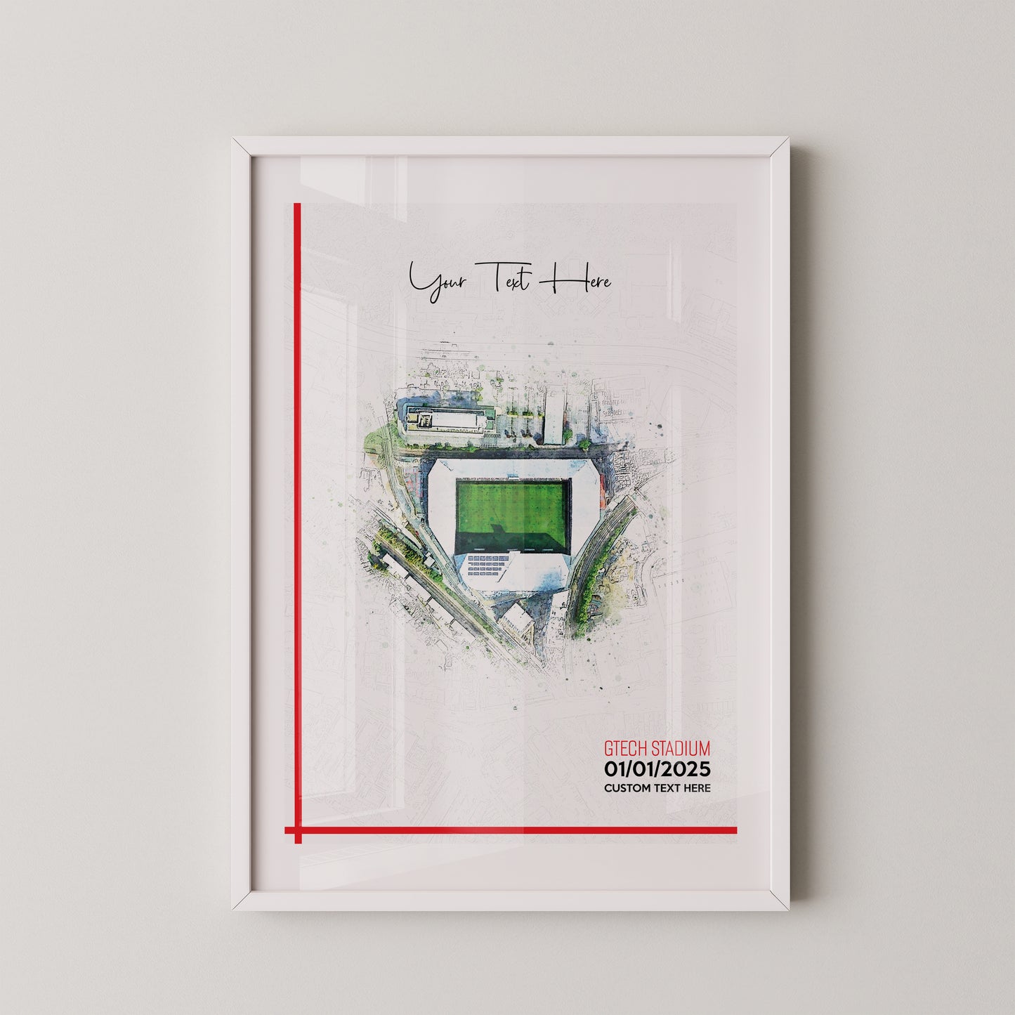 Brentford, 'Gtech Stadium' Football Stadium Poster Artwork, Personalised Watercolour Art Print, Custom Aerial Layout - Framing options available ANY STADIUM Worldwide.