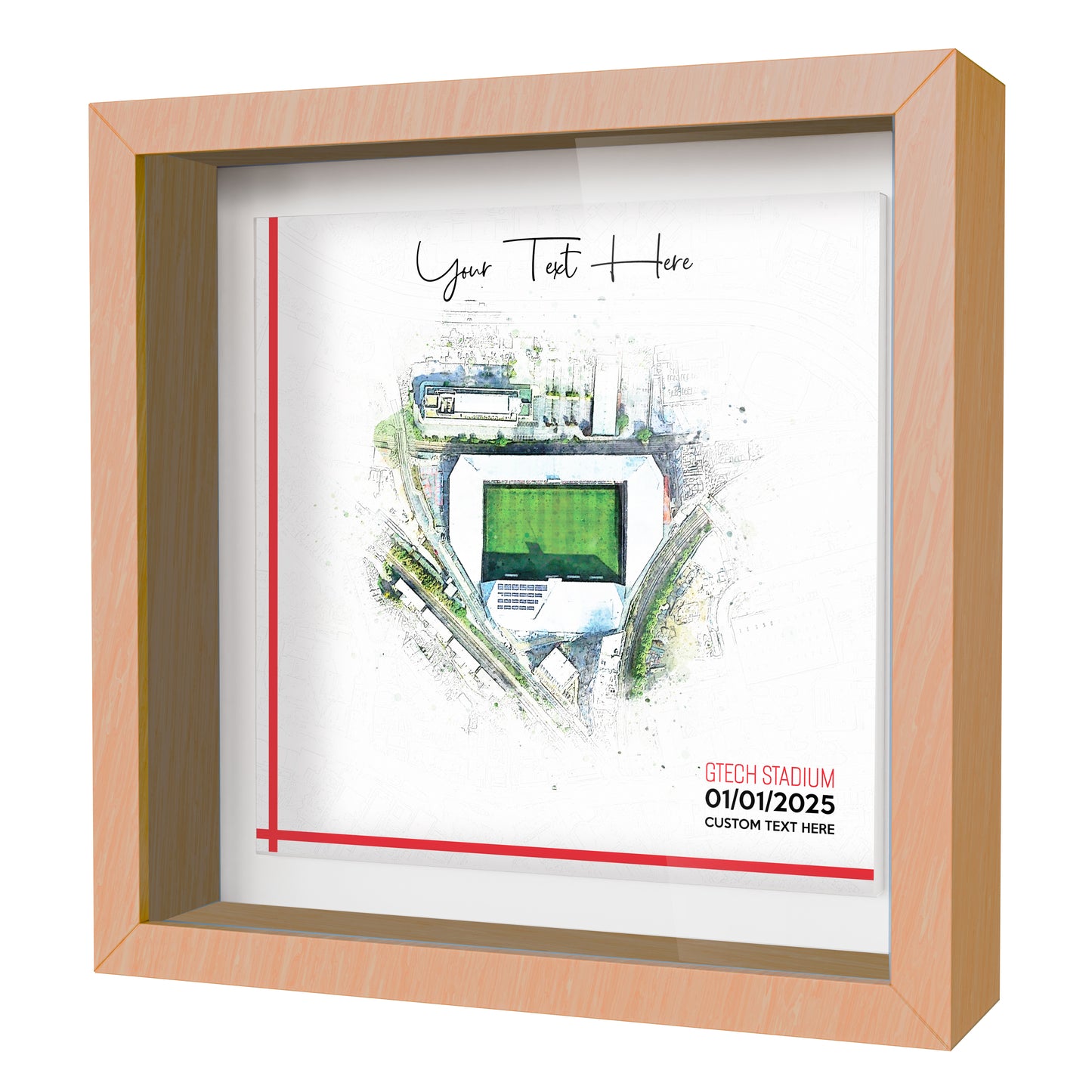 Framed Ceramic Tile Art: Personalised Football Stadium Art Print, Custom Aerial Map - ANY STADIUM Worldwide, Bespoke Text, Football Gift Keepsake