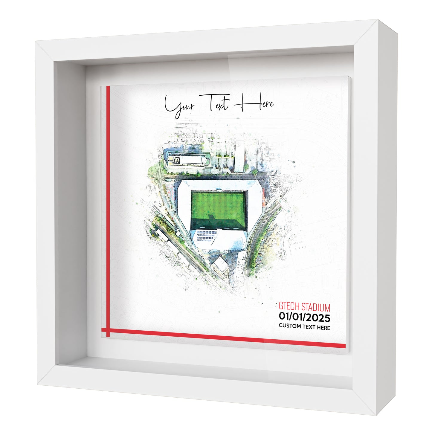 Framed Ceramic Tile Art: Personalised Football Stadium Art Print, Custom Aerial Map - ANY STADIUM Worldwide, Bespoke Text, Football Gift Keepsake