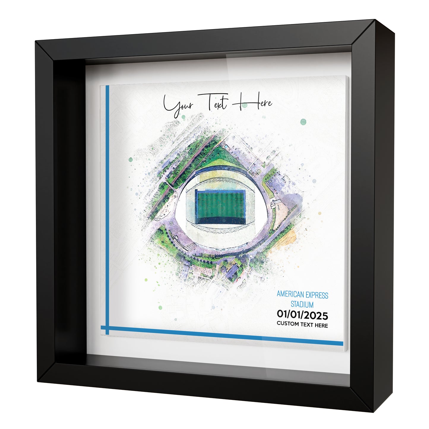 Framed Ceramic Tile Art: Personalised Football Stadium Art Print, Custom Aerial Map - ANY STADIUM Worldwide, Bespoke Text, Football Gift Keepsake
