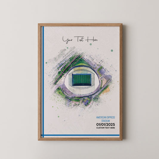 Brighton, 'American Express' Football Stadium Poster Artwork, Personalised Watercolour Art Print, Custom Aerial Layout - Framing options available ANY STADIUM Worldwide.