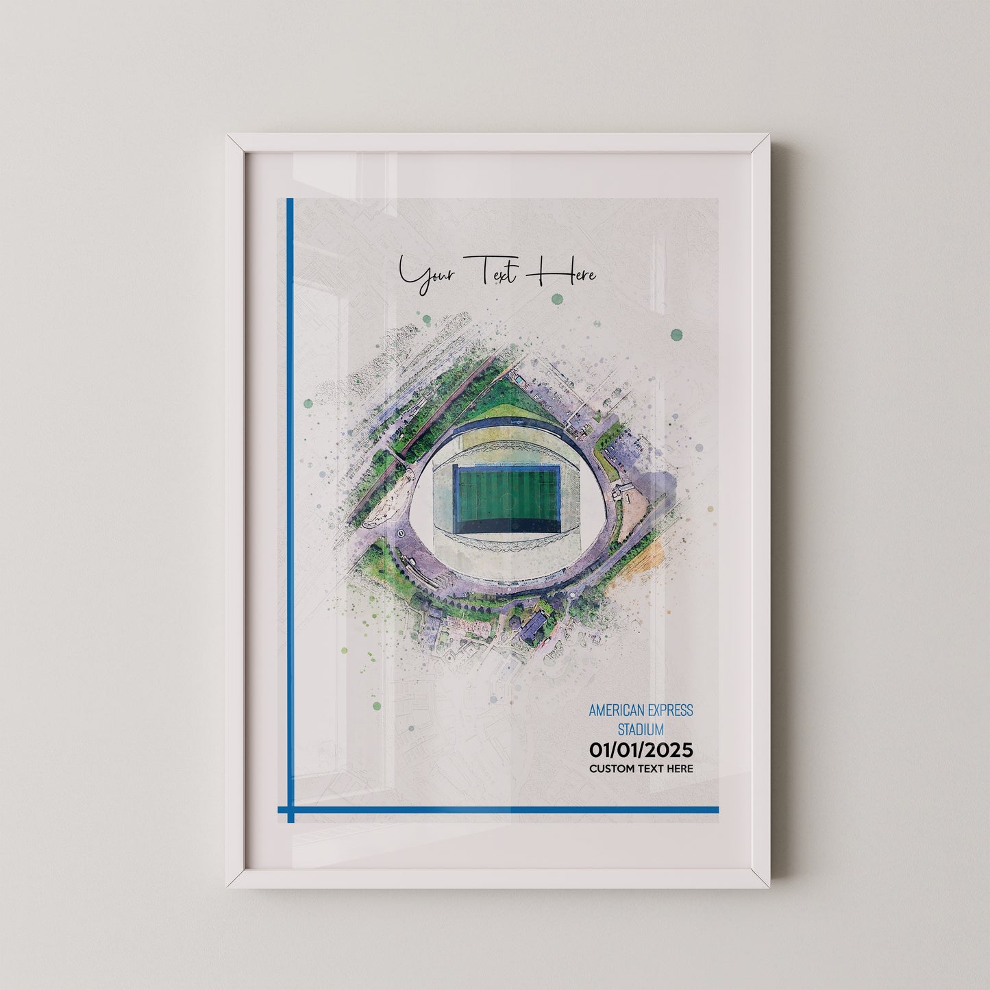 Brighton, 'American Express' Football Stadium Poster Artwork, Personalised Watercolour Art Print, Custom Aerial Layout - Framing options available ANY STADIUM Worldwide.