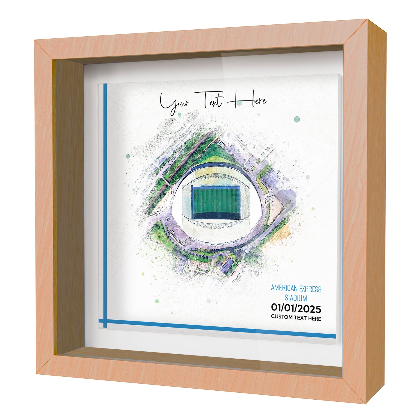 Framed Ceramic Tile Art: Personalised Football Stadium Art Print, Custom Aerial Map - ANY STADIUM Worldwide, Bespoke Text, Football Gift Keepsake