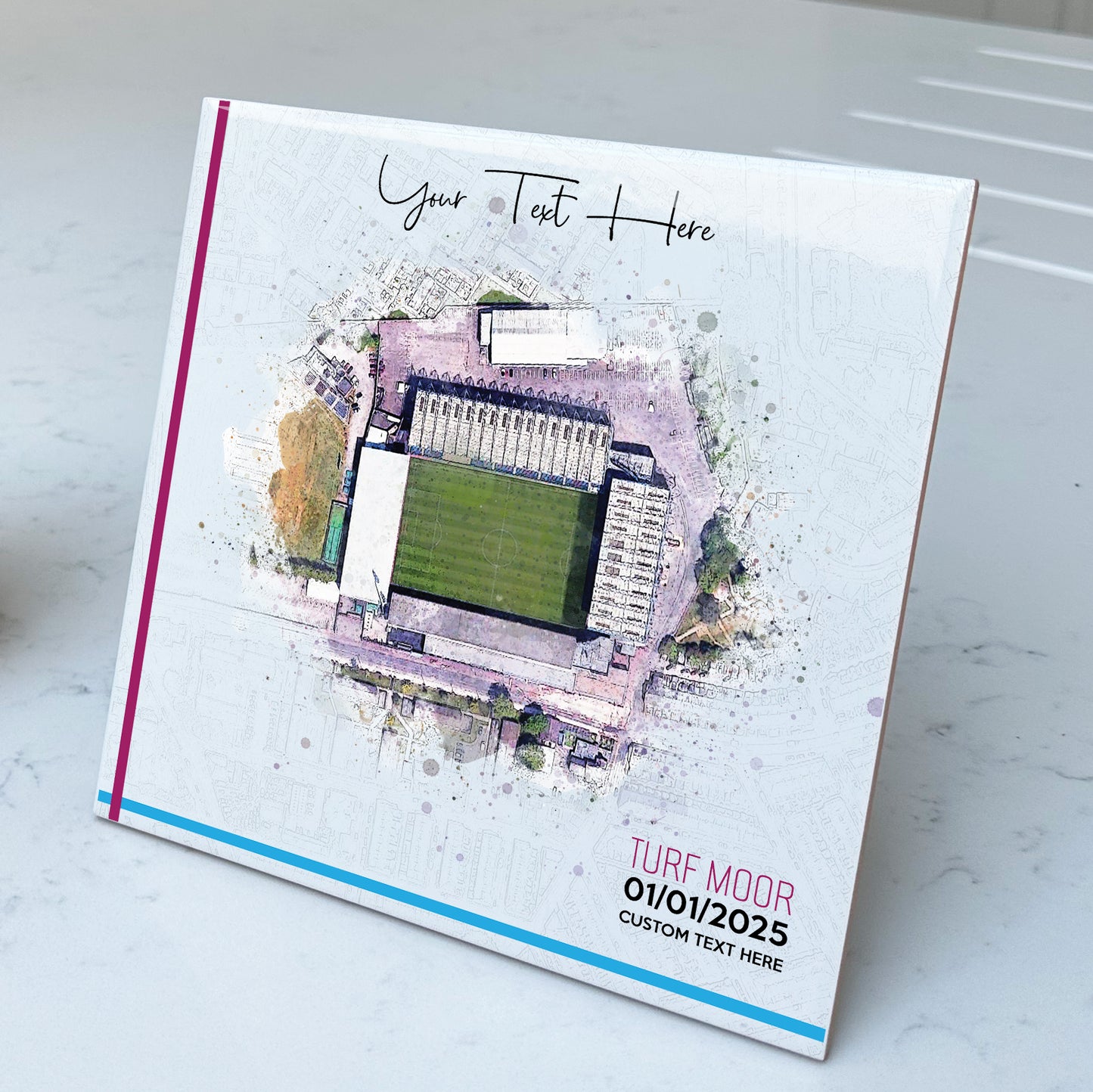 Personalised Football Stadium Aerial Watercolour Style Artwork on Mounted Ceramic Tile