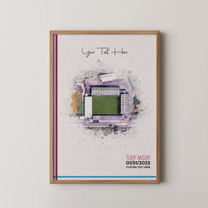 Burnley, 'Turf Moor' Football Stadium Poster Artwork, Personalised Watercolour Art Print, Custom Aerial Layout - Framing options available ANY STADIUM Worldwide.