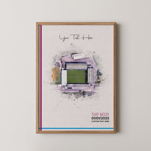 Burnley, 'Turf Moor' Football Stadium Poster Artwork, Personalised Watercolour Art Print, Custom Aerial Layout - Framing options available ANY STADIUM Worldwide.