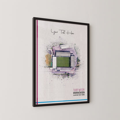 Burnley, 'Turf Moor' Football Stadium Poster Artwork, Personalised Watercolour Art Print, Custom Aerial Layout - Framing options available ANY STADIUM Worldwide.
