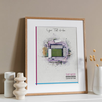Burnley, 'Turf Moor' Football Stadium Poster Artwork, Personalised Watercolour Art Print, Custom Aerial Layout - Framing options available ANY STADIUM Worldwide.