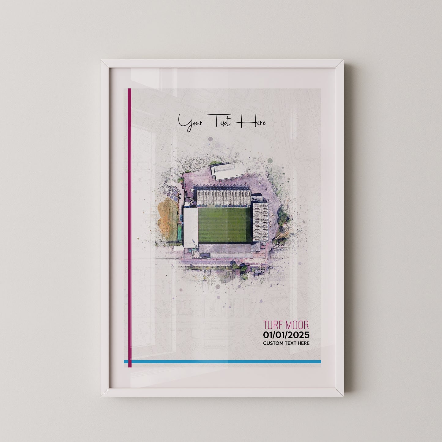 Burnley, 'Turf Moor' Football Stadium Poster Artwork, Personalised Watercolour Art Print, Custom Aerial Layout - Framing options available ANY STADIUM Worldwide.