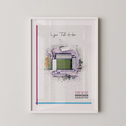 Burnley, 'Turf Moor' Football Stadium Poster Artwork, Personalised Watercolour Art Print, Custom Aerial Layout - Framing options available ANY STADIUM Worldwide.