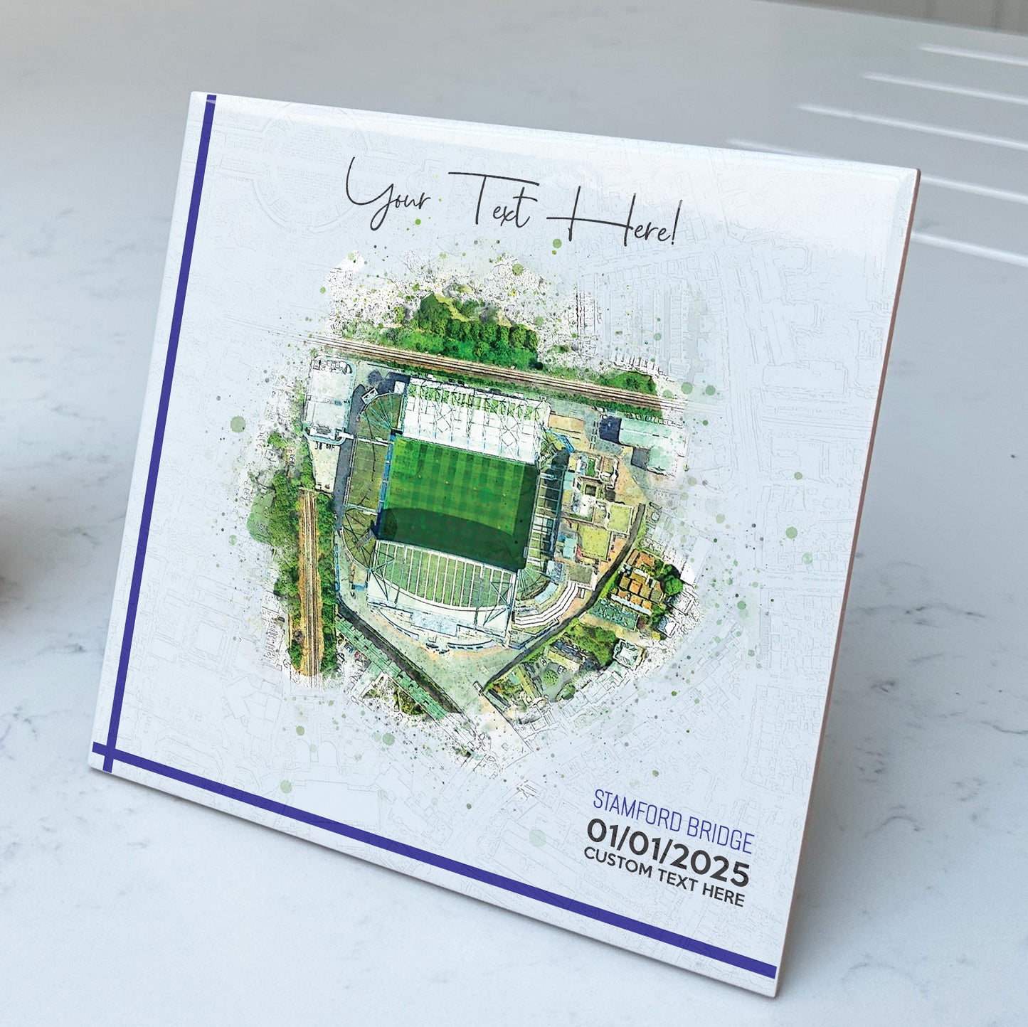 Personalised Football Stadium Aerial Watercolour Style Artwork on Mounted Ceramic Tile