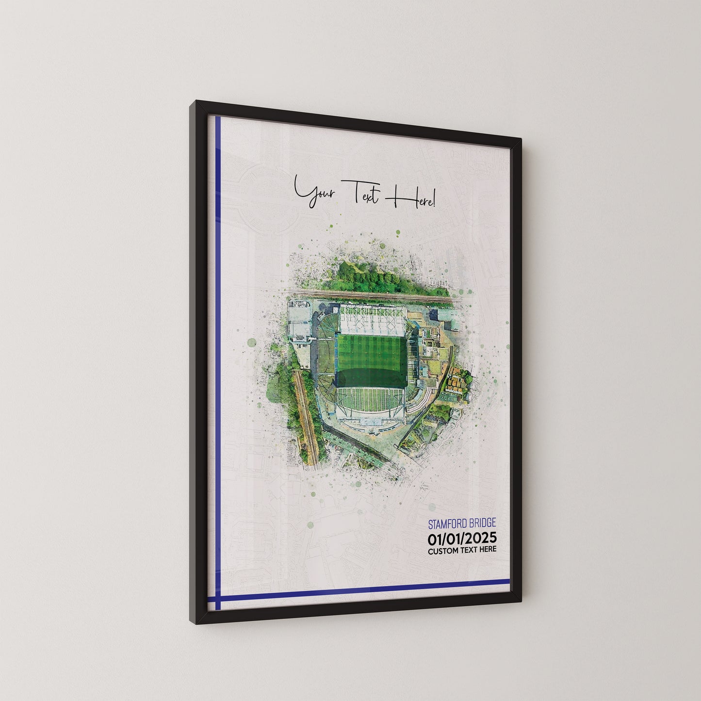 Chelsea, 'Stamford Bridge' Football Stadium Poster Artwork, Personalised Watercolour Art Print, Custom Aerial Layout - Framing options available ANY STADIUM Worldwide.