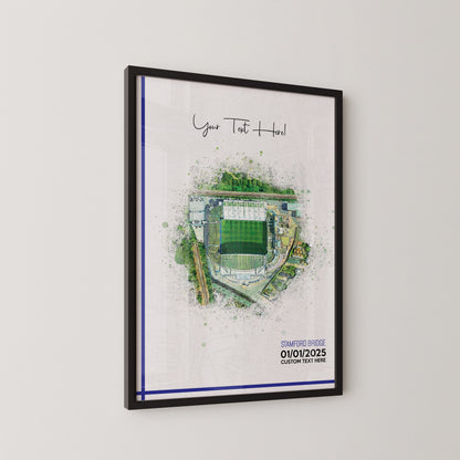 Chelsea, 'Stamford Bridge' Football Stadium Poster Artwork, Personalised Watercolour Art Print, Custom Aerial Layout - Framing options available ANY STADIUM Worldwide.