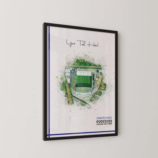 Chelsea, 'Stamford Bridge' Football Stadium Poster Artwork, Personalised Watercolour Art Print, Custom Aerial Layout - Framing options available ANY STADIUM Worldwide.