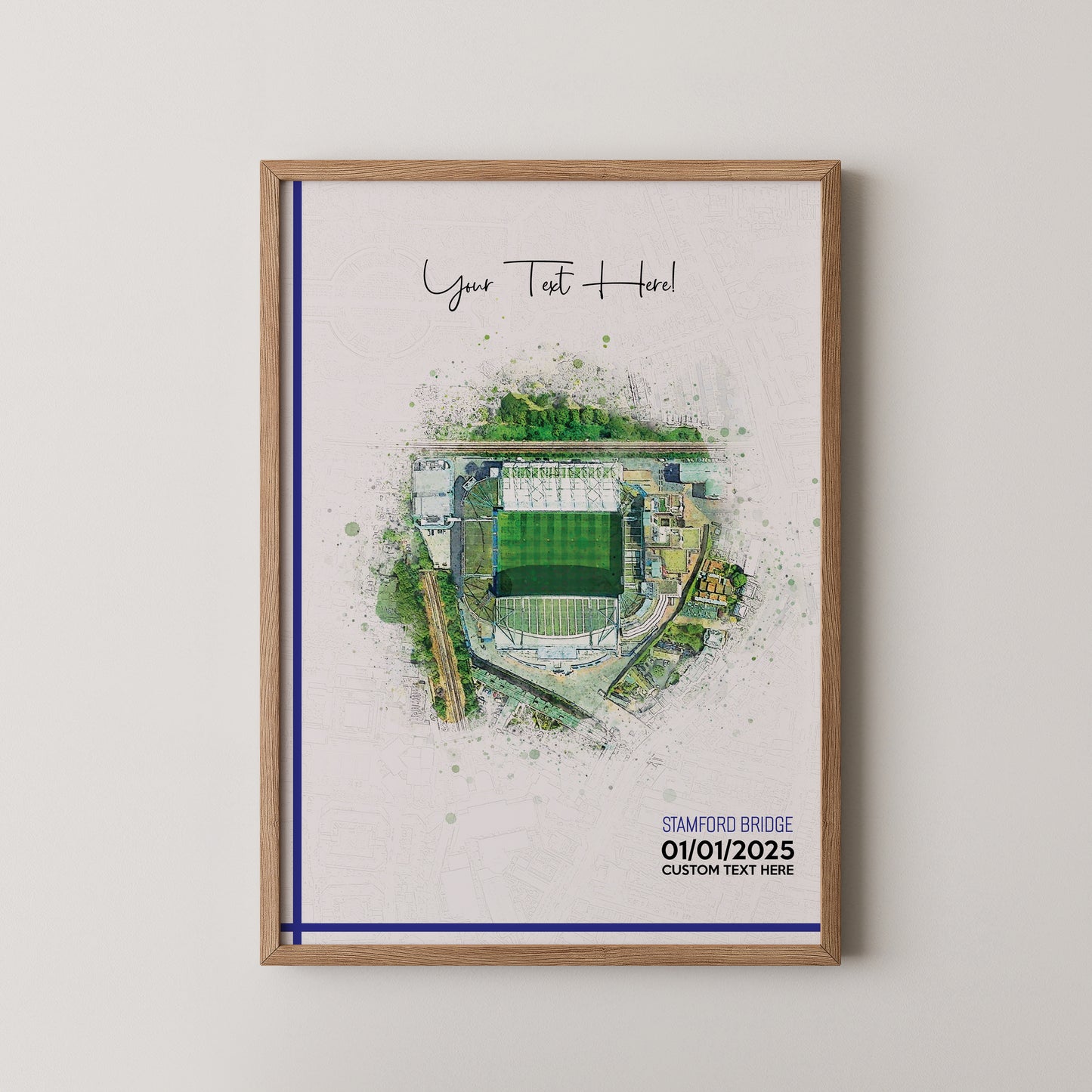Chelsea, 'Stamford Bridge' Football Stadium Poster Artwork, Personalised Watercolour Art Print, Custom Aerial Layout - Framing options available ANY STADIUM Worldwide.
